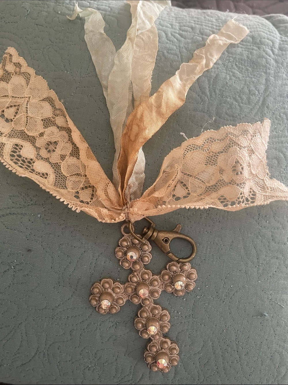 Boho Vintage Cross Pendant Necklace | Lace & Silk Ribbon Choker | Rhinestone - Picture 2 of 7